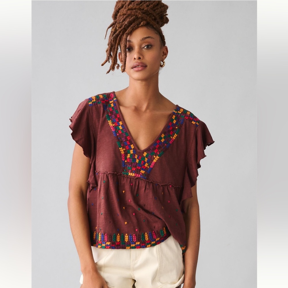 Anthropologie Embroidered Ruffle-Sleeve Blouse size XS